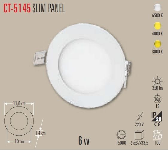 Cata Yuvarlak Slim Led Paneller Alüminyum Beyaz Kasa 6W - Günışığı 3.000K - Ct-5145g