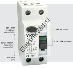 Viko Monofaze Kaçak Akım Rölesi 2X25-2X32-2X40-2X63 30-300MA 2x40A 30MA