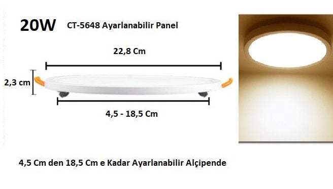 Cata Yuvarlak Kasa Ayarlı Led Paneller 20W - Günışığı - Ct-5648g