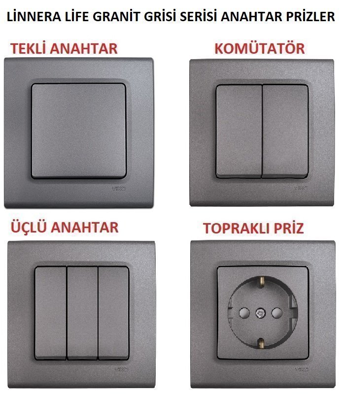 Viko Linnera Granit Grisi Anahtar ve Priz Çeşitleri