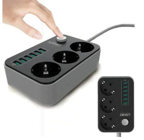 Ldnıo Akım Korumalı 6 Usb Şarj Yuvalı 3Lü Priz 5V