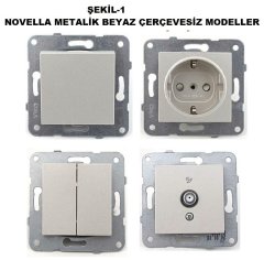 Viko Novella METALİK BEYAZ Renk Anahtar ve Priz Çeşitleri Dörtlü Çerçeve