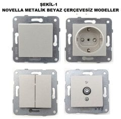 Viko Novella METALİK BEYAZ Renk Anahtar ve Priz Çeşitleri İkili Çerçeve