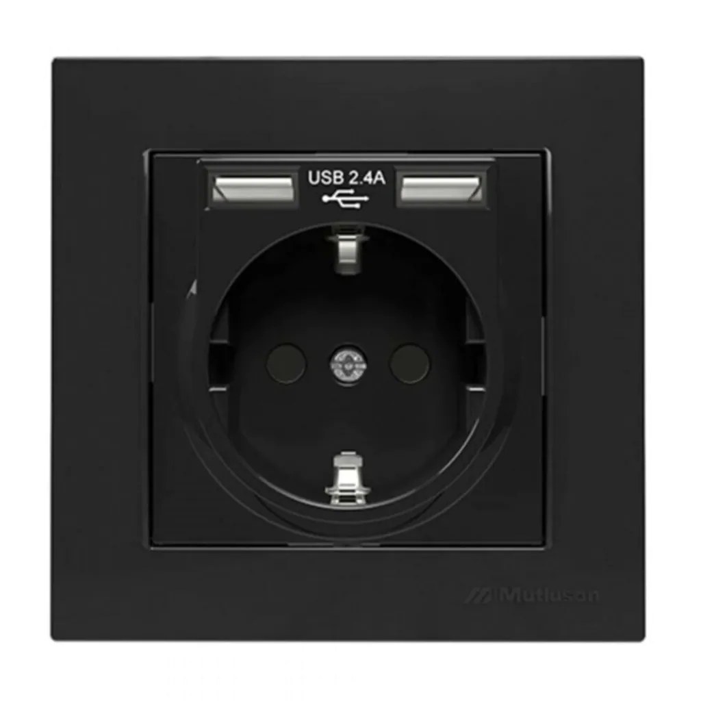 Mutlusan Rita Siyah İkili USB Çıkışlı Topraklı Priz Çerçeveli - 2200 619 0284