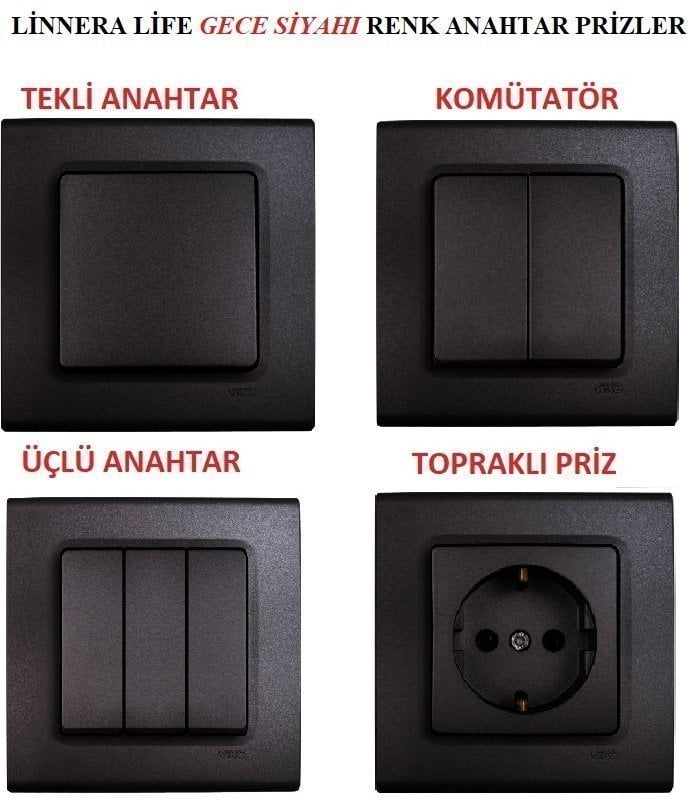 Viko Linnera Gece Siyahı Anahtar ve Priz Çeşitleri Tekli Çerçeve